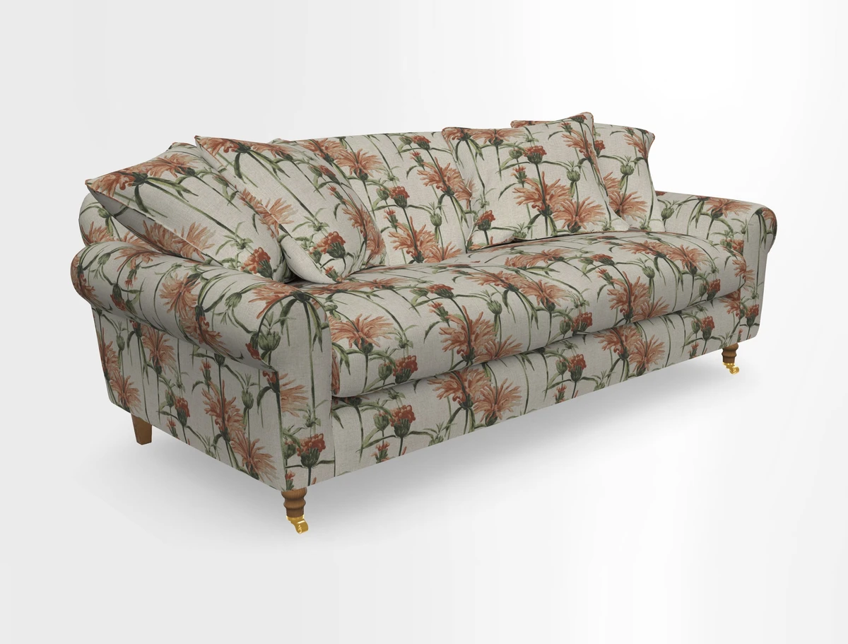 Walberswick 3 Seater Sofa in Etta's Bouquet Sunset Moss with scatters in Sussex Stripe Brick and Snape Chair in Almost Plain Velvet Spring