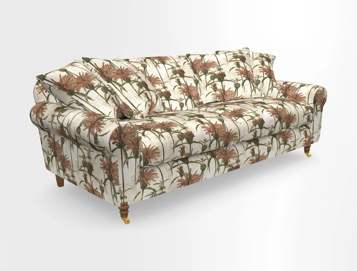 Walberswick 3 Seater Sofa in Etta's Bouquet Sunset Moss with scatters in Sussex Stripe Brick and Snape Chair in Almost Plain Velvet Spring