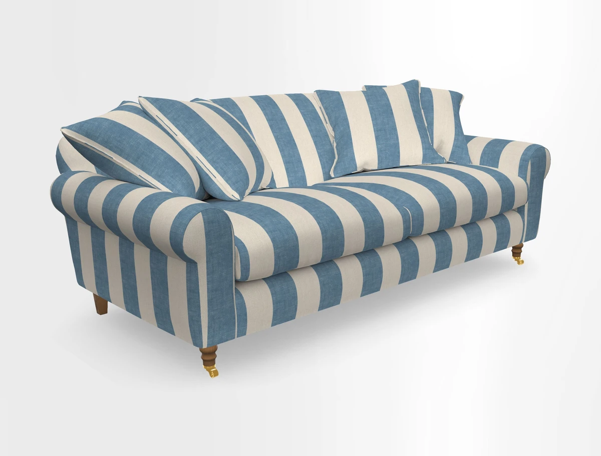 Walberswick 3 Seater Sofa in Etta's Bouquet Sunset Moss with scatters in Sussex Stripe Brick and Snape Chair in Almost Plain Velvet Spring