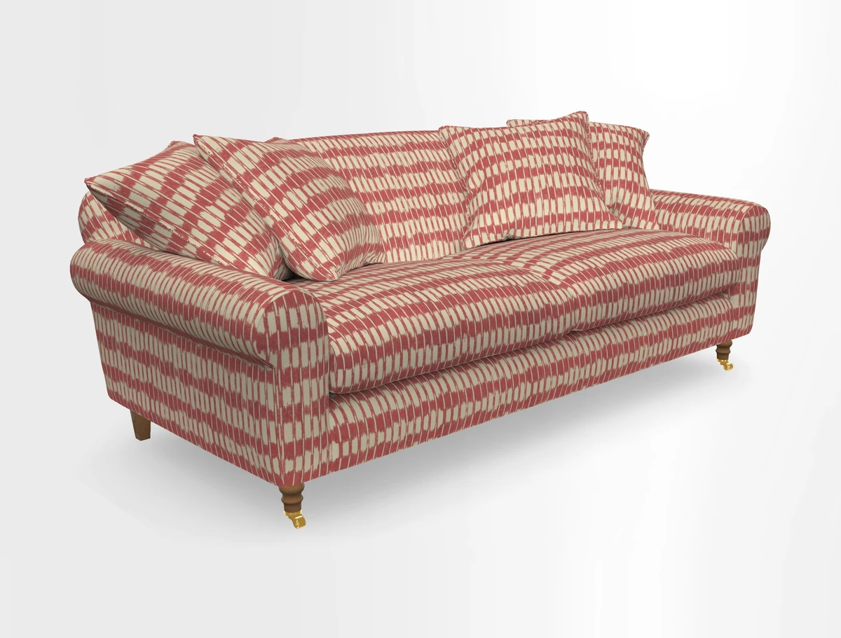 Walberswick 3 Seater Sofa in Etta's Bouquet Sunset Moss with scatters in Sussex Stripe Brick and Snape Chair in Almost Plain Velvet Spring