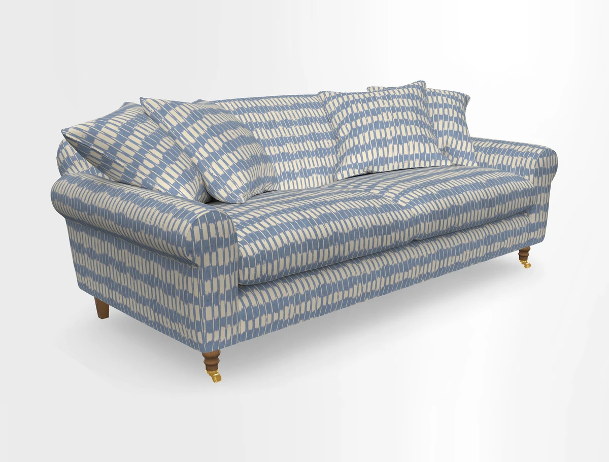 Walberswick 3 Seater Sofa in Etta's Bouquet Sunset Moss with scatters in Sussex Stripe Brick and Snape Chair in Almost Plain Velvet Spring
