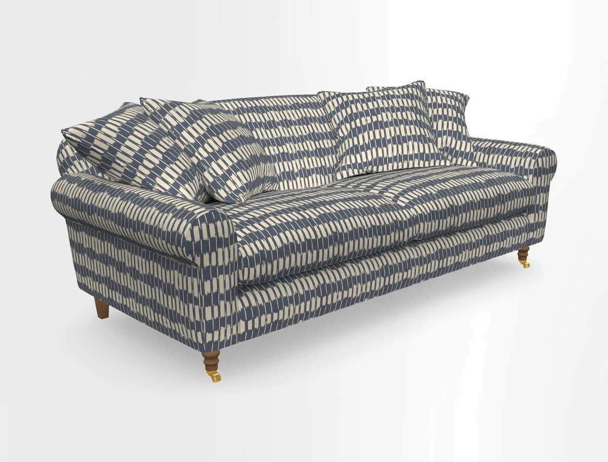 Walberswick 3 Seater Sofa in Etta's Bouquet Sunset Moss with scatters in Sussex Stripe Brick and Snape Chair in Almost Plain Velvet Spring