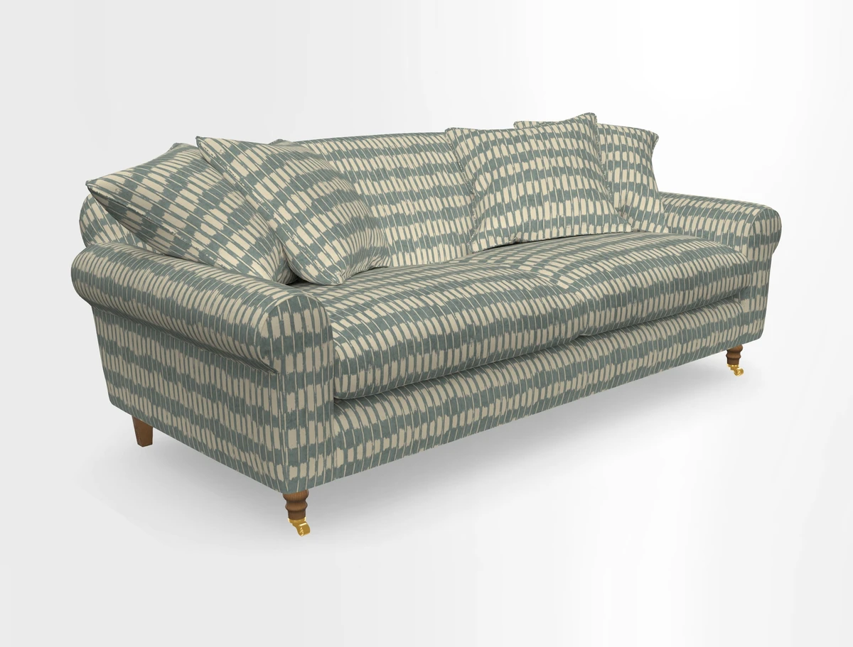 Walberswick 3 Seater Sofa in Etta's Bouquet Sunset Moss with scatters in Sussex Stripe Brick and Snape Chair in Almost Plain Velvet Spring