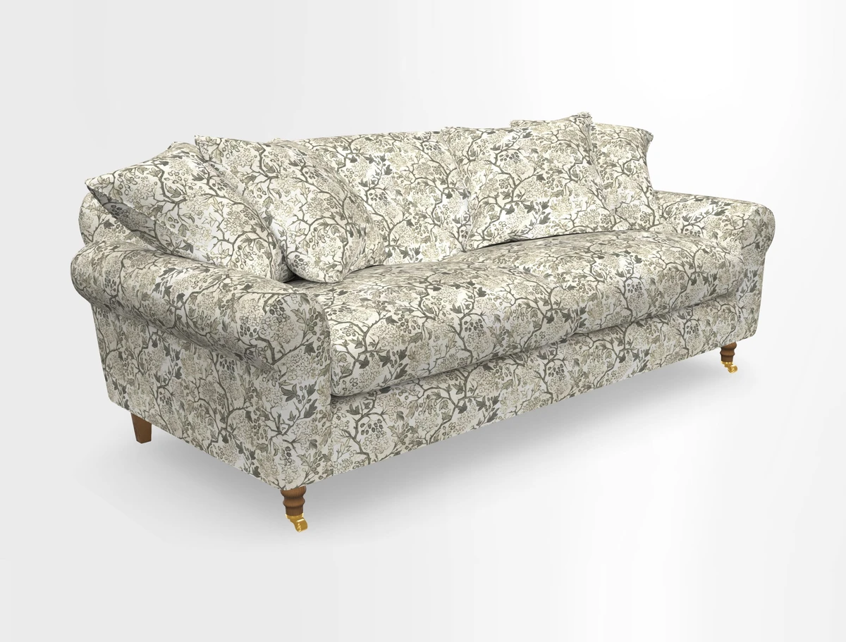 Walberswick 3 Seater Sofa in Etta's Bouquet Sunset Moss with scatters in Sussex Stripe Brick and Snape Chair in Almost Plain Velvet Spring