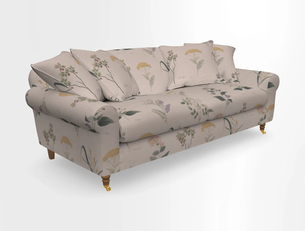 Walberswick 3 Seater Sofa in Etta's Bouquet Sunset Moss with scatters in Sussex Stripe Brick and Snape Chair in Almost Plain Velvet Spring