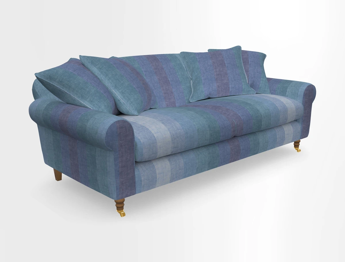 Walberswick 3 Seater Sofa in Etta's Bouquet Sunset Moss with scatters in Sussex Stripe Brick and Snape Chair in Almost Plain Velvet Spring