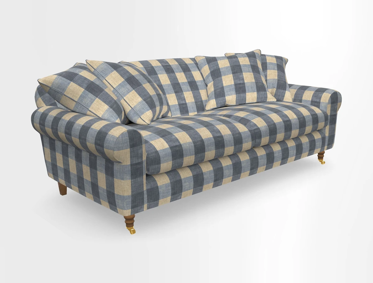 Walberswick 3 Seater Sofa in Etta's Bouquet Sunset Moss with scatters in Sussex Stripe Brick and Snape Chair in Almost Plain Velvet Spring