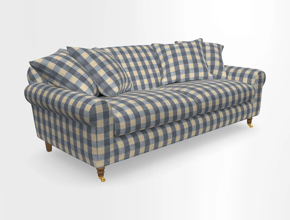 Walberswick 3 Seater Sofa in Etta's Bouquet Sunset Moss with scatters in Sussex Stripe Brick and Snape Chair in Almost Plain Velvet Spring