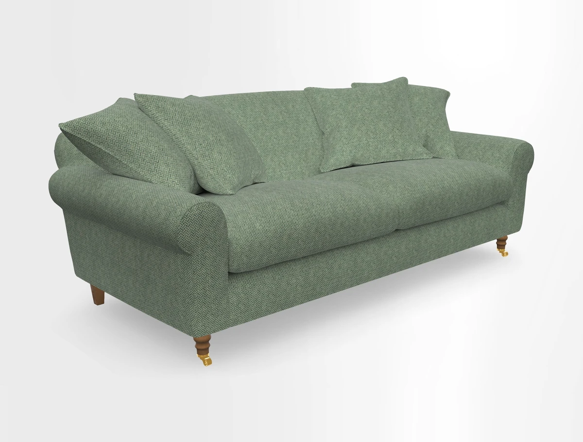 Walberswick 3 Seater Sofa in Etta's Bouquet Sunset Moss with scatters in Sussex Stripe Brick and Snape Chair in Almost Plain Velvet Spring