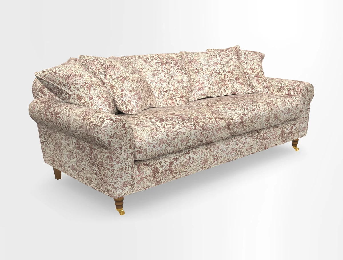 Walberswick 3 Seater Sofa in Etta's Bouquet Sunset Moss with scatters in Sussex Stripe Brick and Snape Chair in Almost Plain Velvet Spring