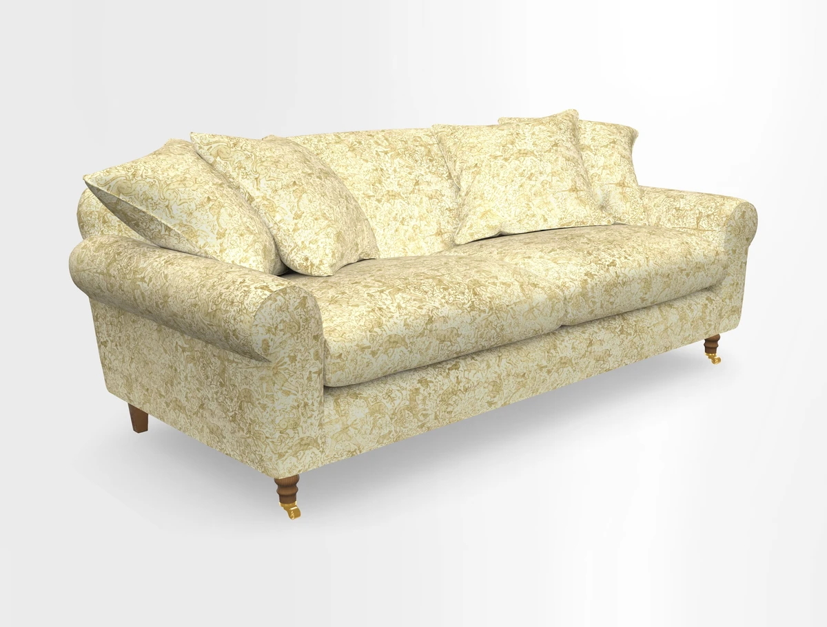 Walberswick 3 Seater Sofa in Etta's Bouquet Sunset Moss with scatters in Sussex Stripe Brick and Snape Chair in Almost Plain Velvet Spring