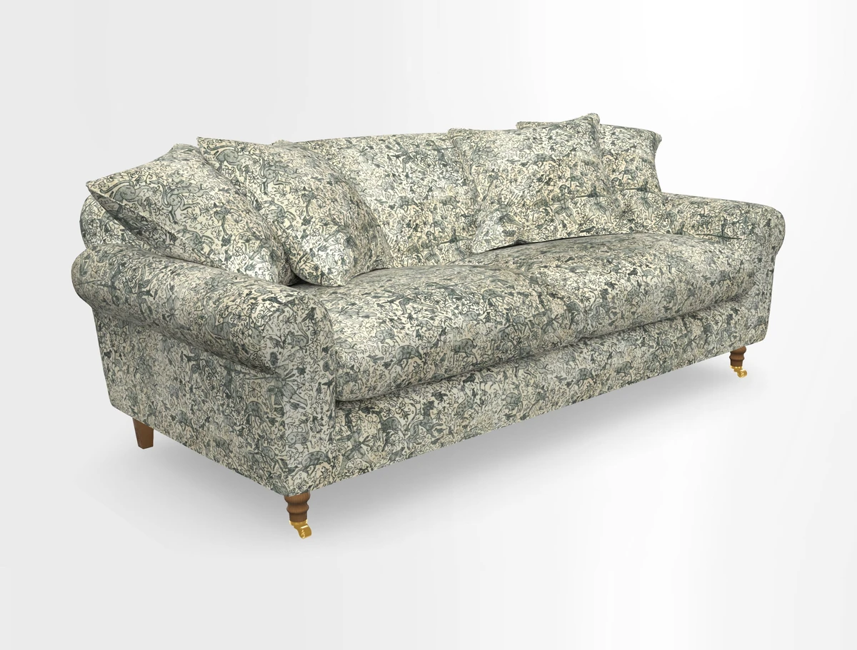 Walberswick 3 Seater Sofa in Etta's Bouquet Sunset Moss with scatters in Sussex Stripe Brick and Snape Chair in Almost Plain Velvet Spring