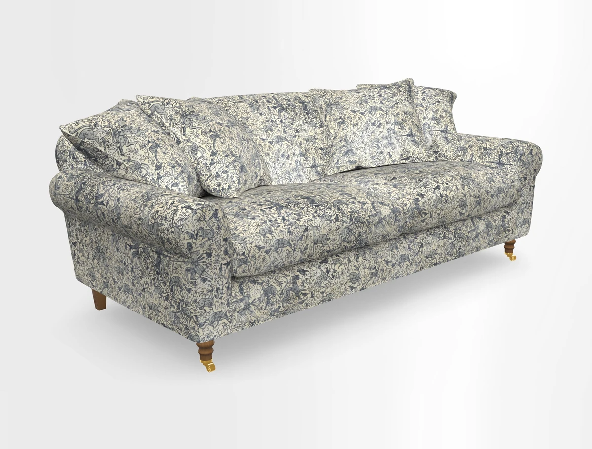 Walberswick 3 Seater Sofa in Etta's Bouquet Sunset Moss with scatters in Sussex Stripe Brick and Snape Chair in Almost Plain Velvet Spring