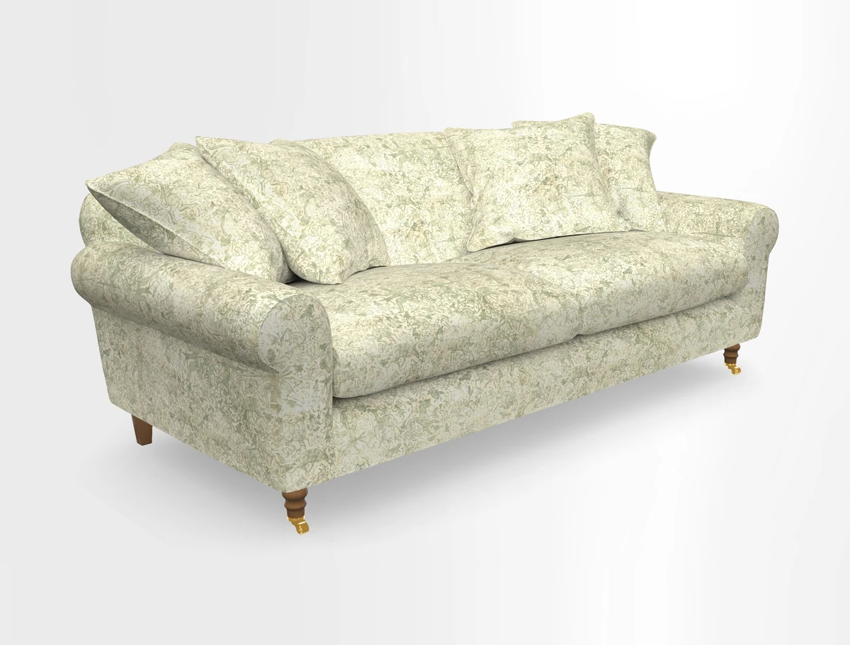 Walberswick 3 Seater Sofa in Etta's Bouquet Sunset Moss with scatters in Sussex Stripe Brick and Snape Chair in Almost Plain Velvet Spring