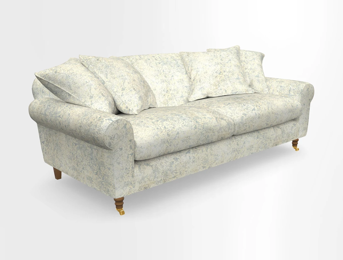 Walberswick 3 Seater Sofa in Etta's Bouquet Sunset Moss with scatters in Sussex Stripe Brick and Snape Chair in Almost Plain Velvet Spring