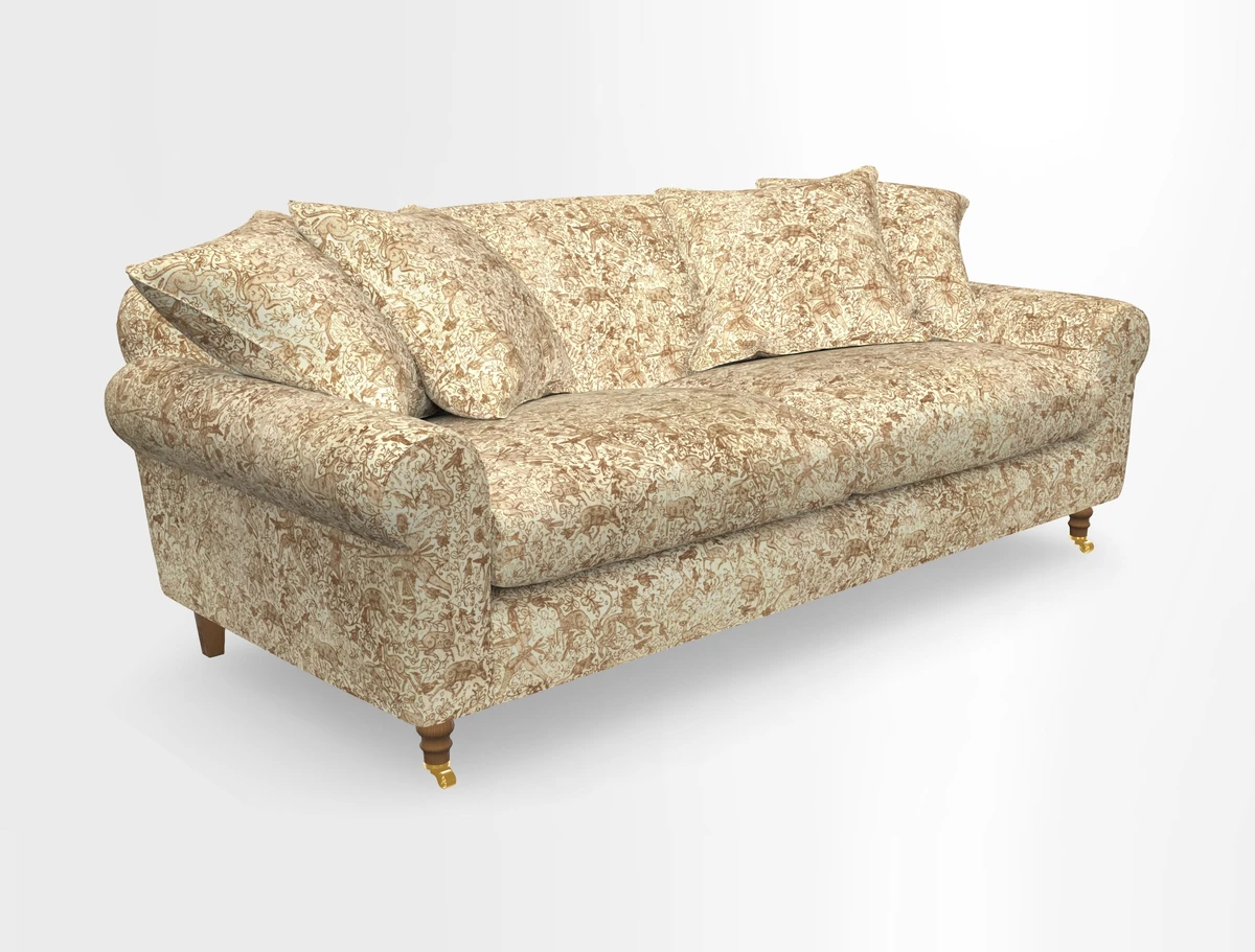 Walberswick 3 Seater Sofa in Etta's Bouquet Sunset Moss with scatters in Sussex Stripe Brick and Snape Chair in Almost Plain Velvet Spring