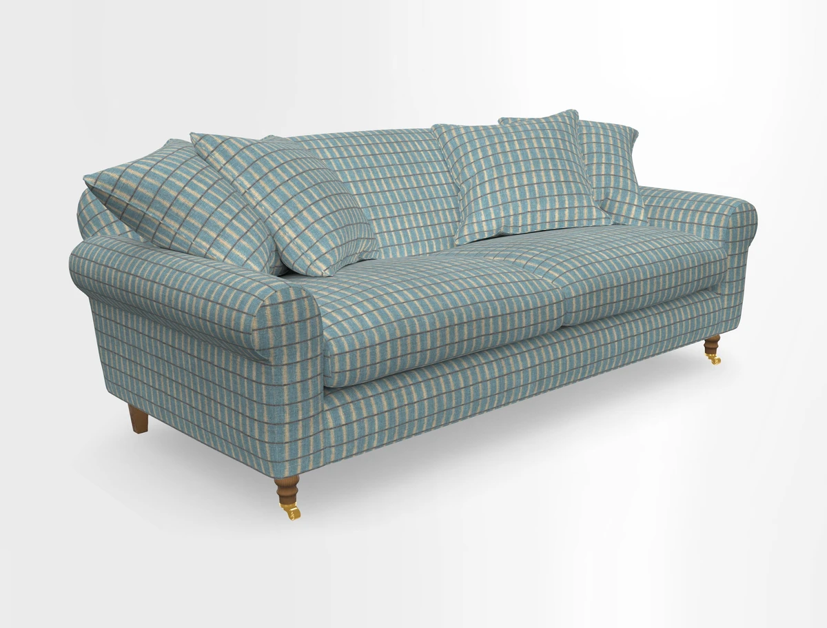 Walberswick 3 Seater Sofa in Etta's Bouquet Sunset Moss with scatters in Sussex Stripe Brick and Snape Chair in Almost Plain Velvet Spring
