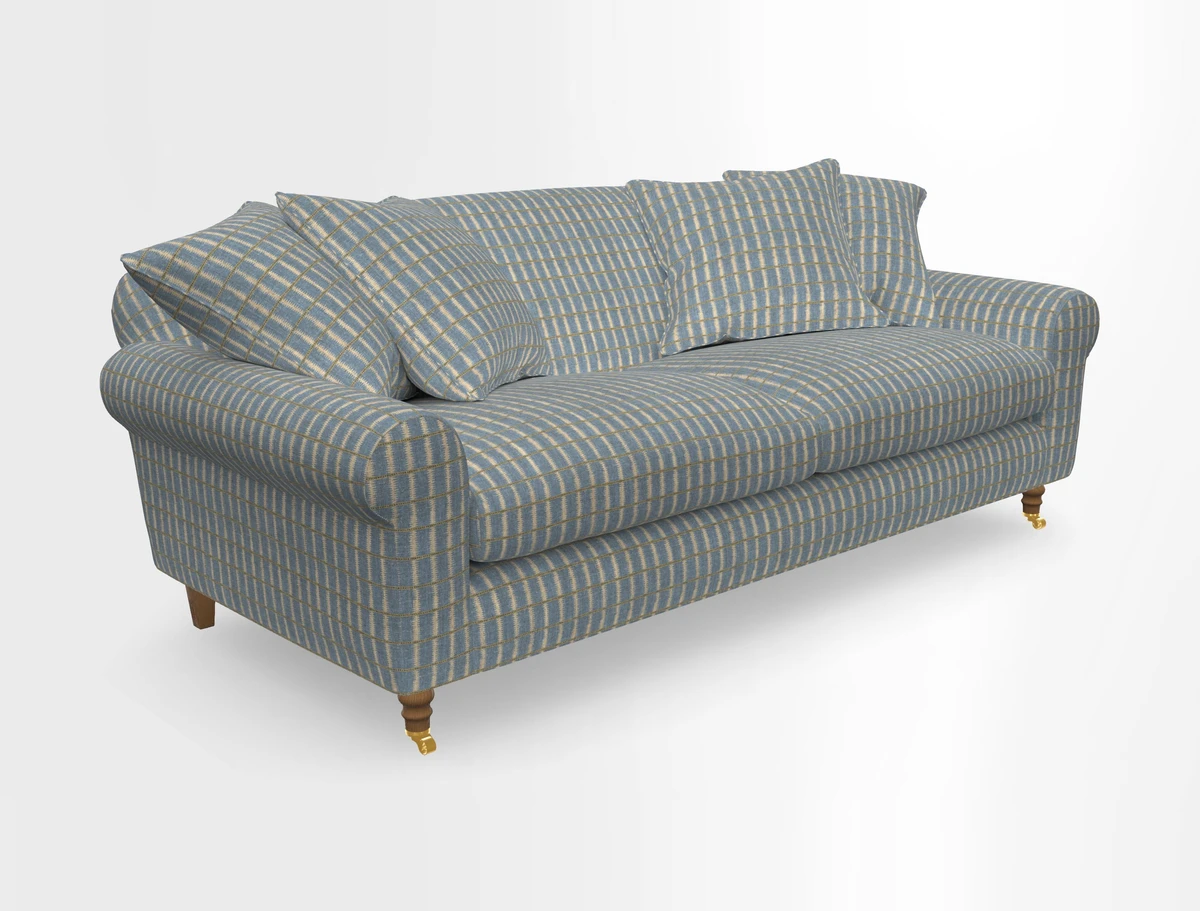 Walberswick 3 Seater Sofa in Etta's Bouquet Sunset Moss with scatters in Sussex Stripe Brick and Snape Chair in Almost Plain Velvet Spring