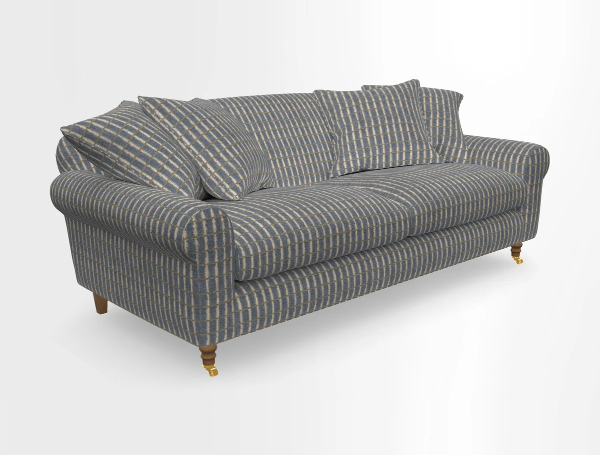 Walberswick 3 Seater Sofa in Etta's Bouquet Sunset Moss with scatters in Sussex Stripe Brick and Snape Chair in Almost Plain Velvet Spring