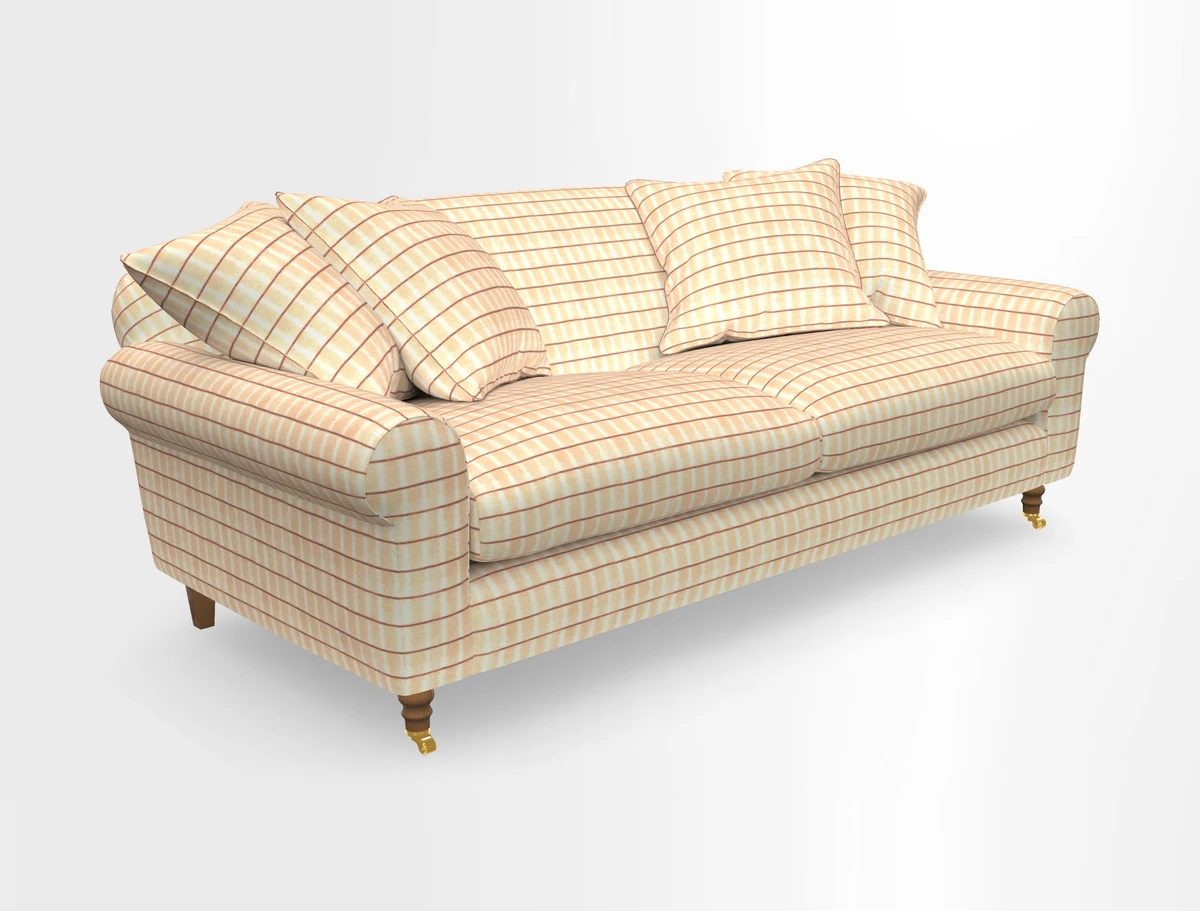 Walberswick 3 Seater Sofa in Etta's Bouquet Sunset Moss with scatters in Sussex Stripe Brick and Snape Chair in Almost Plain Velvet Spring