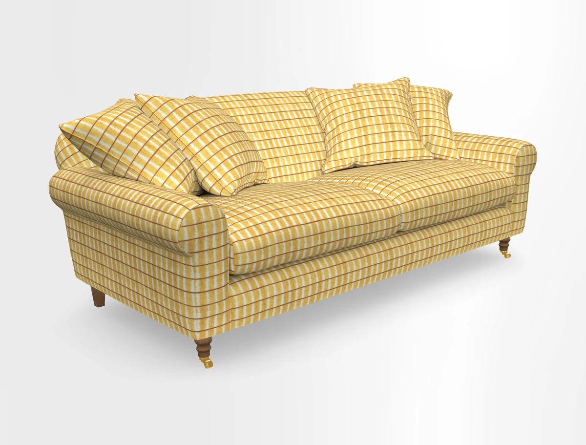 Walberswick 3 Seater Sofa in Etta's Bouquet Sunset Moss with scatters in Sussex Stripe Brick and Snape Chair in Almost Plain Velvet Spring