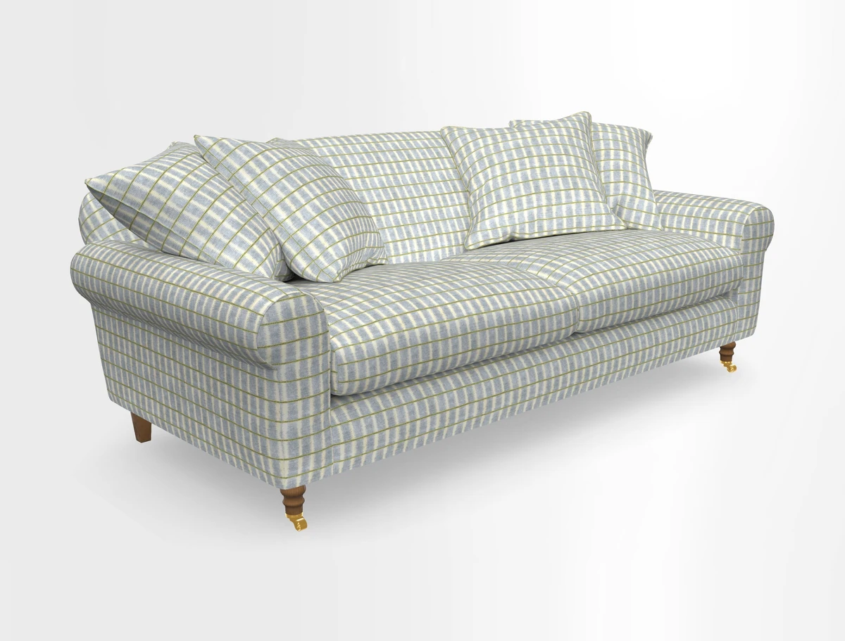 Walberswick 3 Seater Sofa in Etta's Bouquet Sunset Moss with scatters in Sussex Stripe Brick and Snape Chair in Almost Plain Velvet Spring