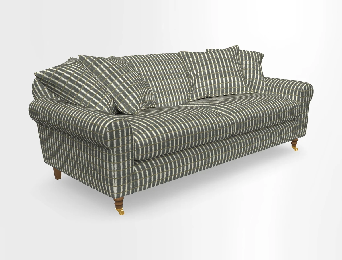 Walberswick 3 Seater Sofa in Etta's Bouquet Sunset Moss with scatters in Sussex Stripe Brick and Snape Chair in Almost Plain Velvet Spring