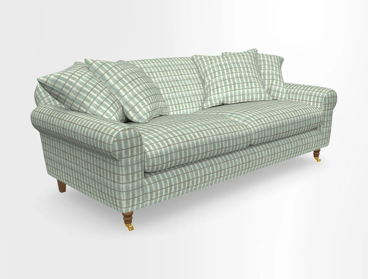Walberswick 3 Seater Sofa in Etta's Bouquet Sunset Moss with scatters in Sussex Stripe Brick and Snape Chair in Almost Plain Velvet Spring