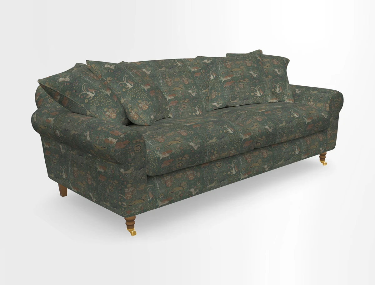 Walberswick 3 Seater Sofa in Etta's Bouquet Sunset Moss with scatters in Sussex Stripe Brick and Snape Chair in Almost Plain Velvet Spring
