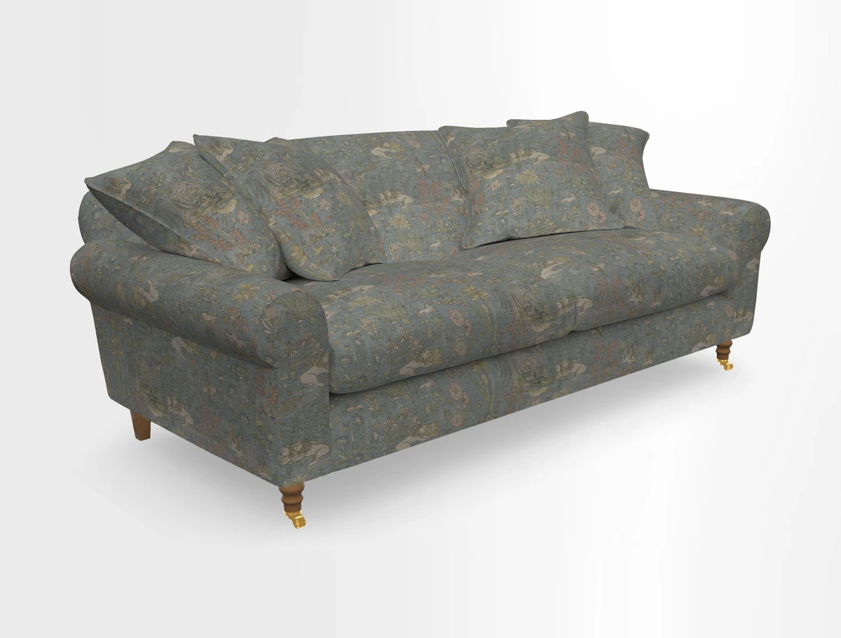Walberswick 3 Seater Sofa in Etta's Bouquet Sunset Moss with scatters in Sussex Stripe Brick and Snape Chair in Almost Plain Velvet Spring