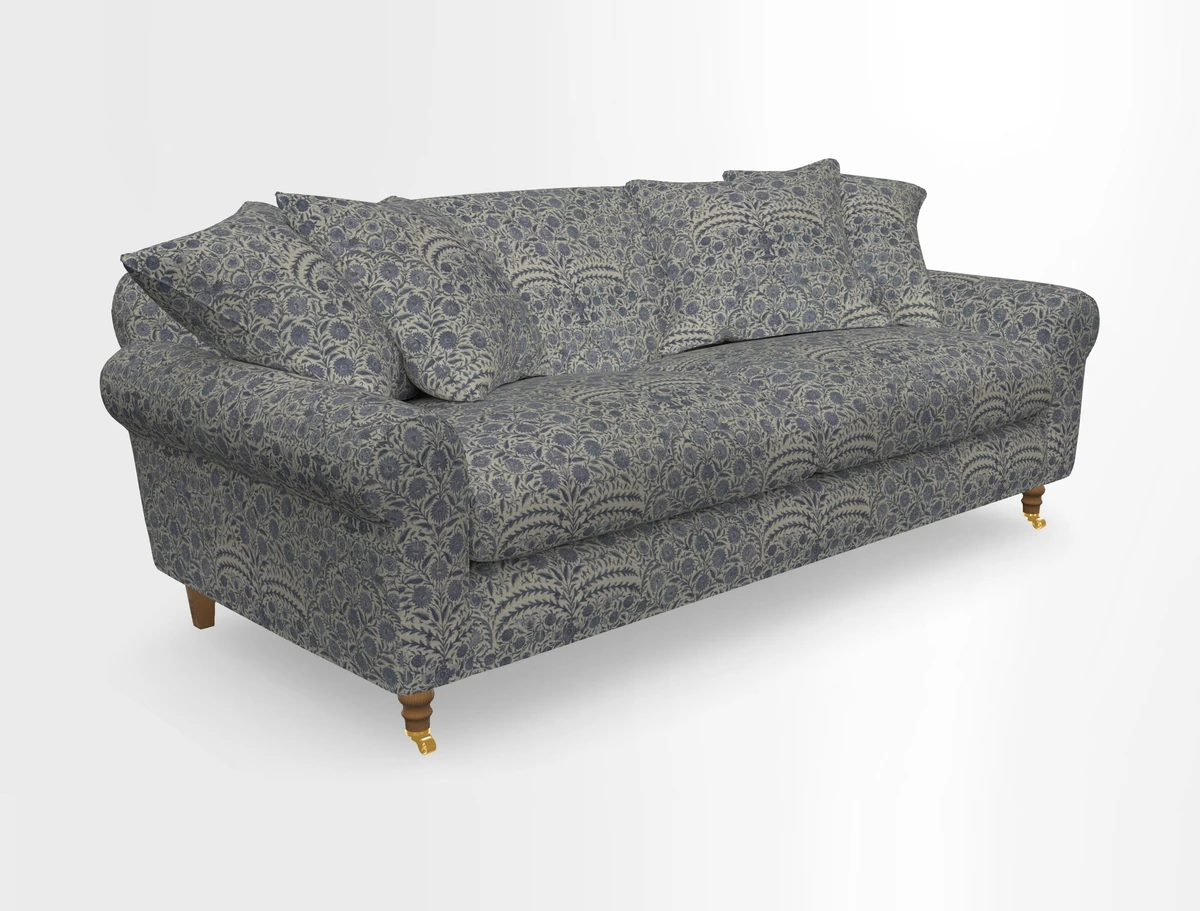 Walberswick 3 Seater Sofa in Etta's Bouquet Sunset Moss with scatters in Sussex Stripe Brick and Snape Chair in Almost Plain Velvet Spring