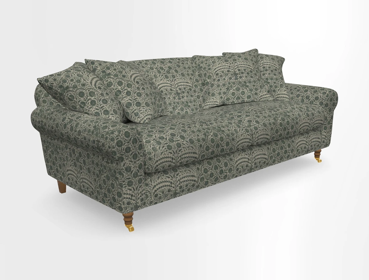 Walberswick 3 Seater Sofa in Etta's Bouquet Sunset Moss with scatters in Sussex Stripe Brick and Snape Chair in Almost Plain Velvet Spring