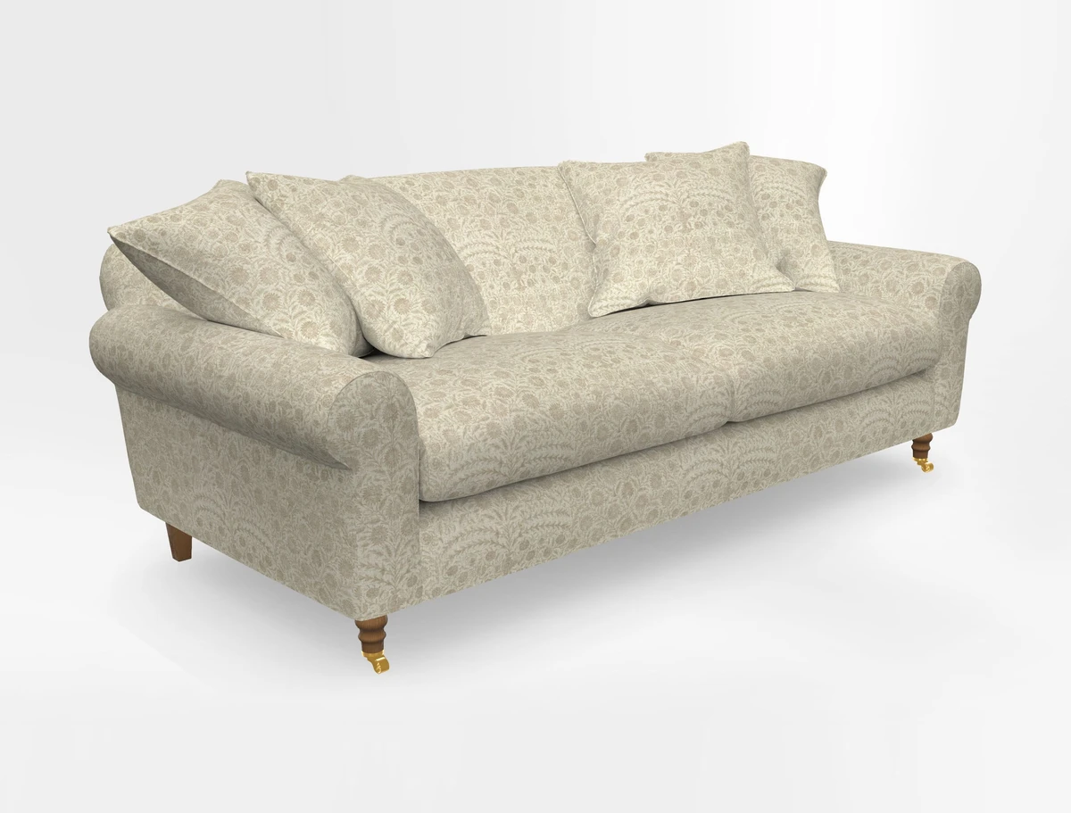 Walberswick 3 Seater Sofa in Etta's Bouquet Sunset Moss with scatters in Sussex Stripe Brick and Snape Chair in Almost Plain Velvet Spring