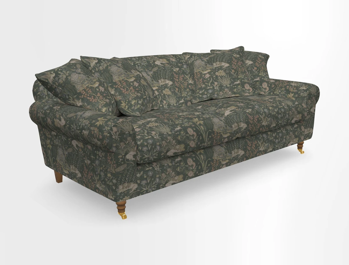 Walberswick 3 Seater Sofa in Etta's Bouquet Sunset Moss with scatters in Sussex Stripe Brick and Snape Chair in Almost Plain Velvet Spring