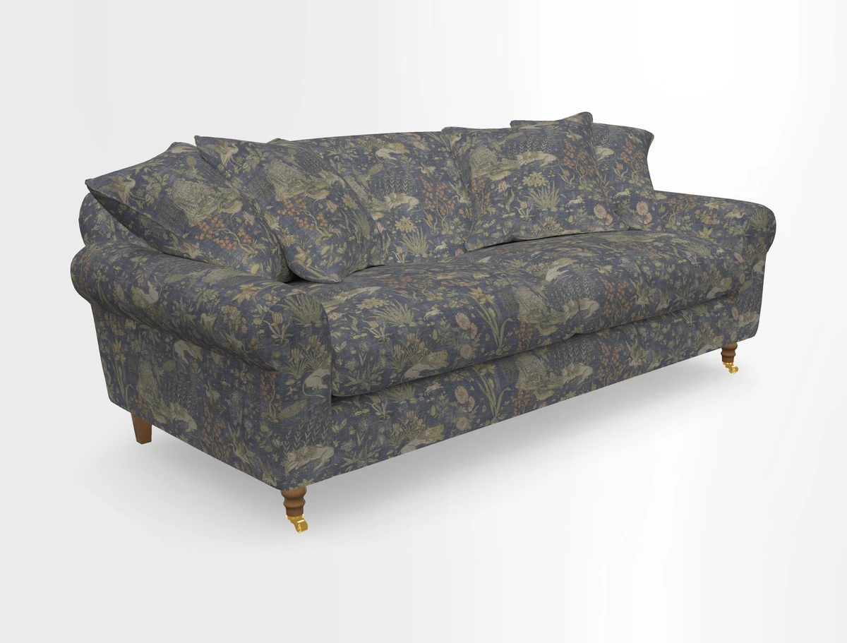 Walberswick 3 Seater Sofa in Etta's Bouquet Sunset Moss with scatters in Sussex Stripe Brick and Snape Chair in Almost Plain Velvet Spring