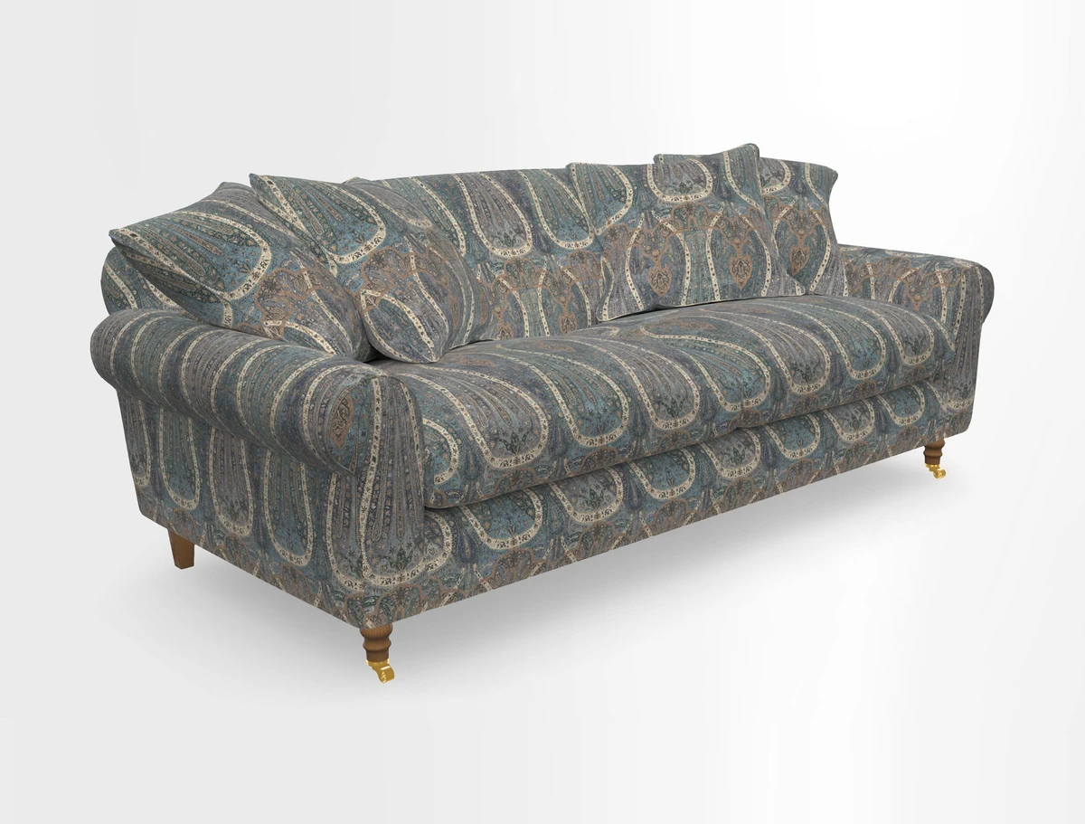 Walberswick 3 Seater Sofa in Etta's Bouquet Sunset Moss with scatters in Sussex Stripe Brick and Snape Chair in Almost Plain Velvet Spring