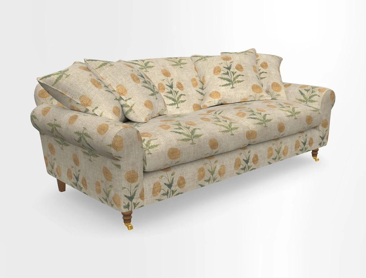 Walberswick 3 Seater Sofa in Etta's Bouquet Sunset Moss with scatters in Sussex Stripe Brick and Snape Chair in Almost Plain Velvet Spring