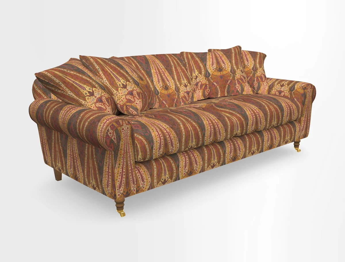 Walberswick 3 Seater Sofa in Etta's Bouquet Sunset Moss with scatters in Sussex Stripe Brick and Snape Chair in Almost Plain Velvet Spring