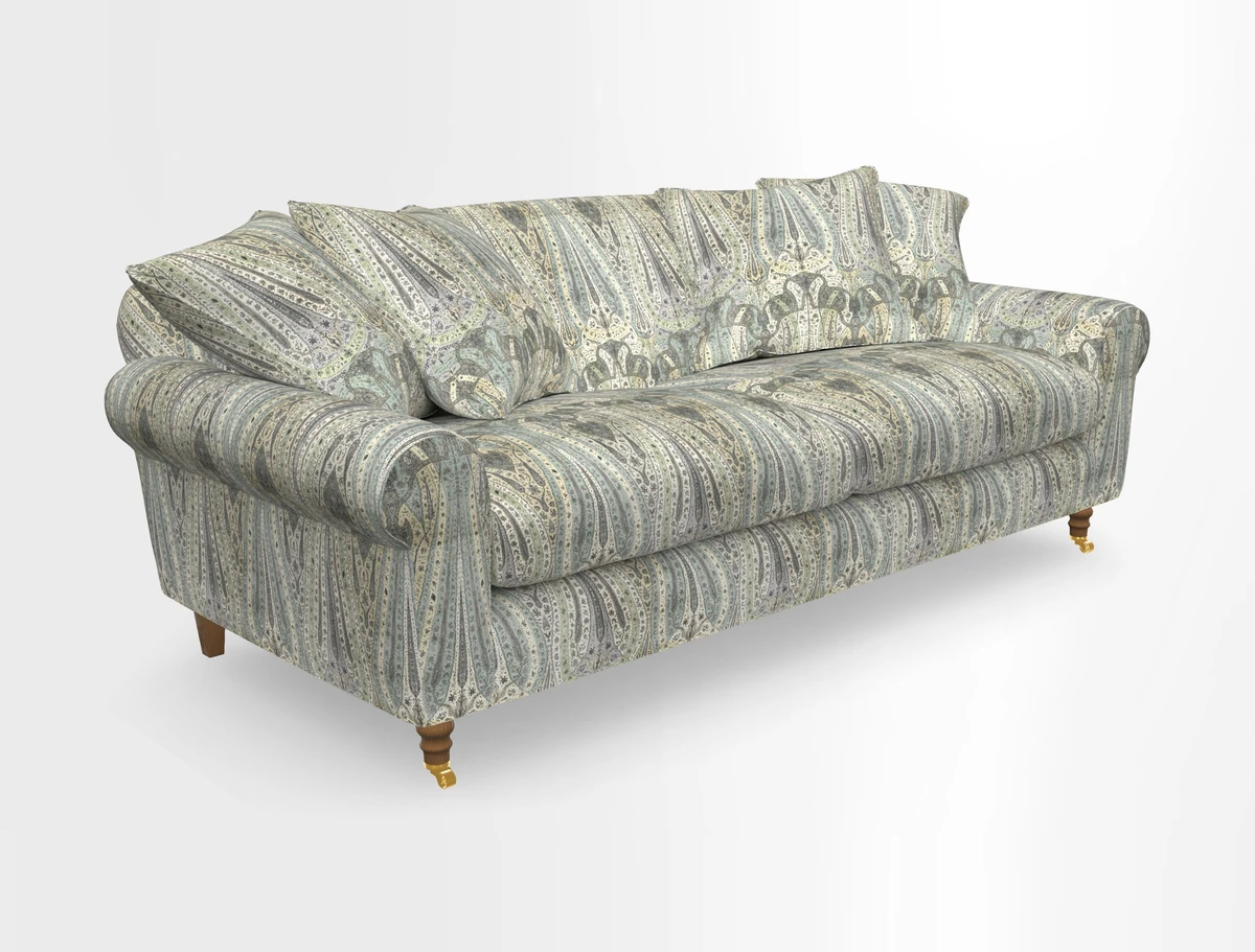 Walberswick 3 Seater Sofa in Etta's Bouquet Sunset Moss with scatters in Sussex Stripe Brick and Snape Chair in Almost Plain Velvet Spring
