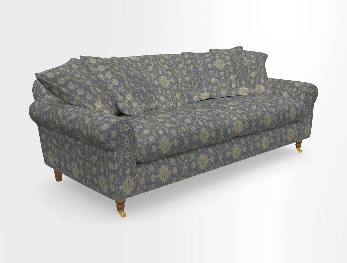 Walberswick 3 Seater Sofa in Etta's Bouquet Sunset Moss with scatters in Sussex Stripe Brick and Snape Chair in Almost Plain Velvet Spring