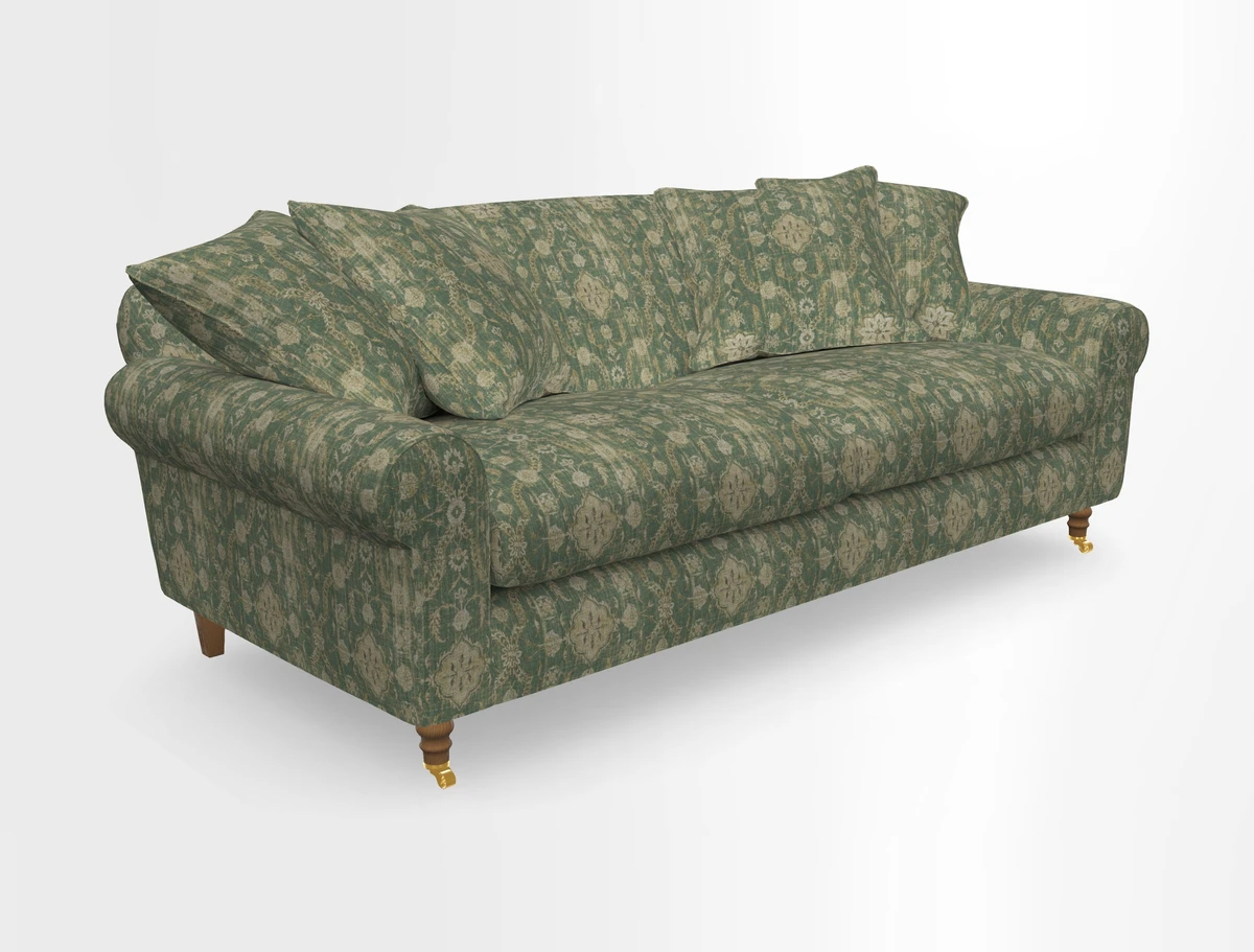 Walberswick 3 Seater Sofa in Etta's Bouquet Sunset Moss with scatters in Sussex Stripe Brick and Snape Chair in Almost Plain Velvet Spring