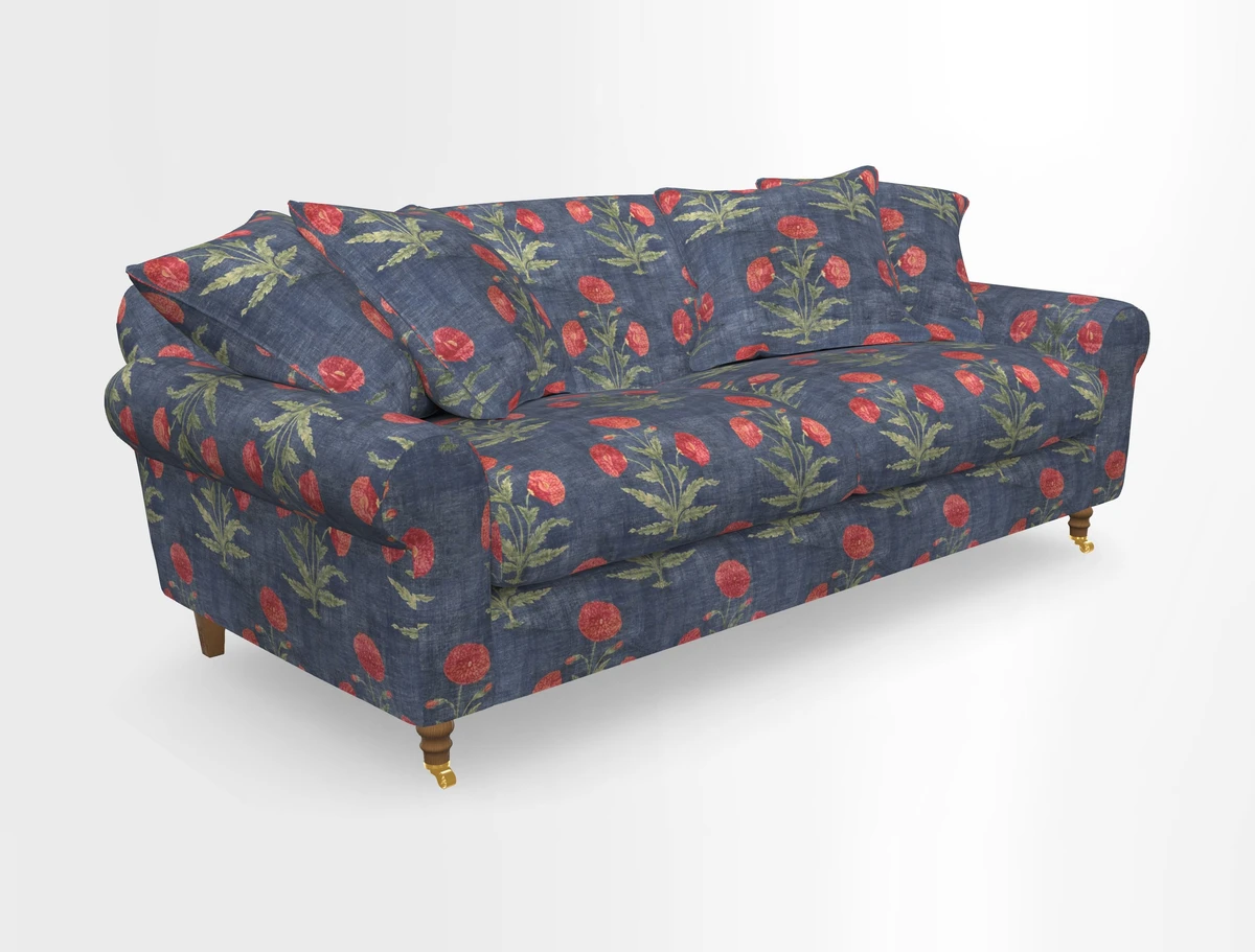 Walberswick 3 Seater Sofa in Etta's Bouquet Sunset Moss with scatters in Sussex Stripe Brick and Snape Chair in Almost Plain Velvet Spring