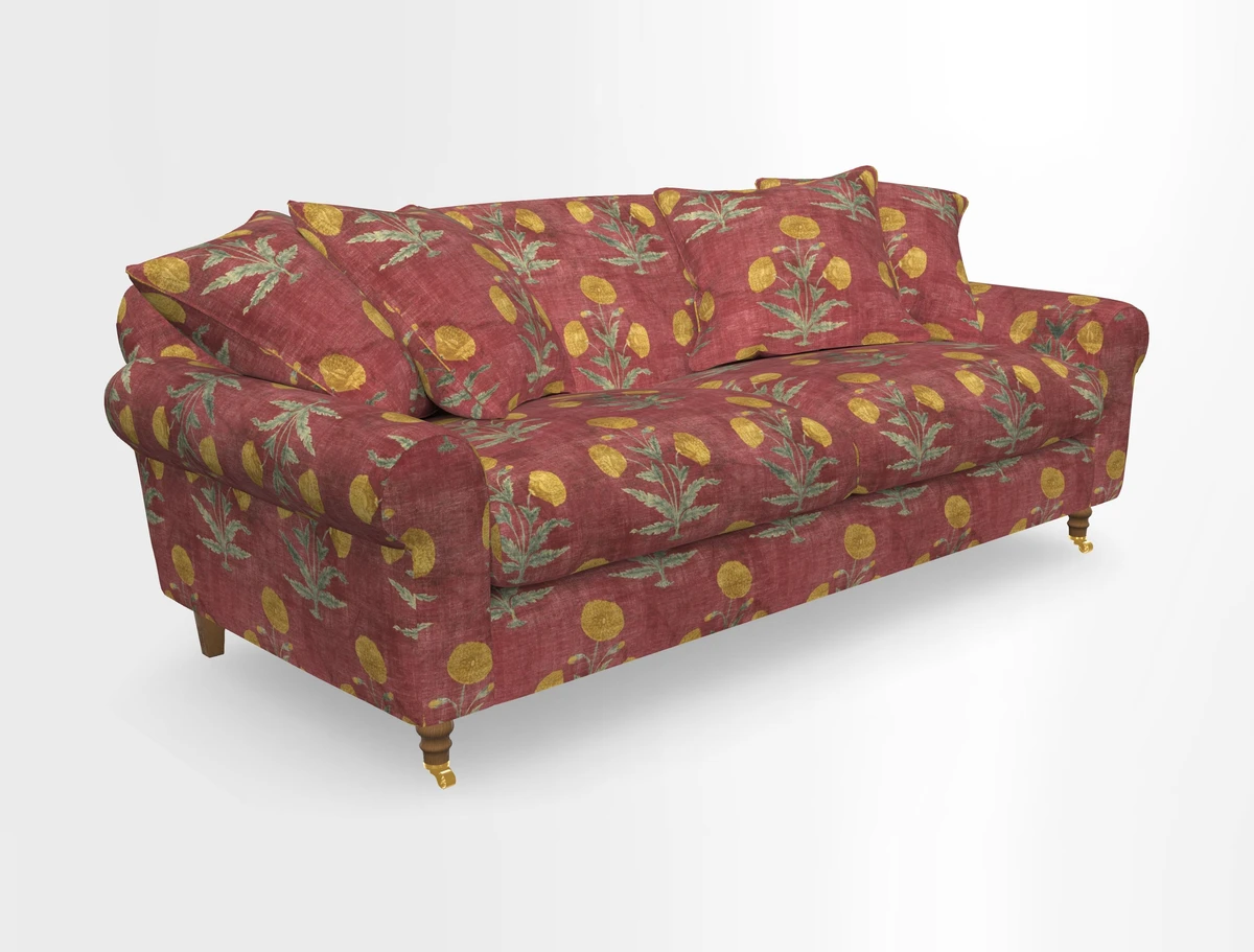 Walberswick 3 Seater Sofa in Etta's Bouquet Sunset Moss with scatters in Sussex Stripe Brick and Snape Chair in Almost Plain Velvet Spring