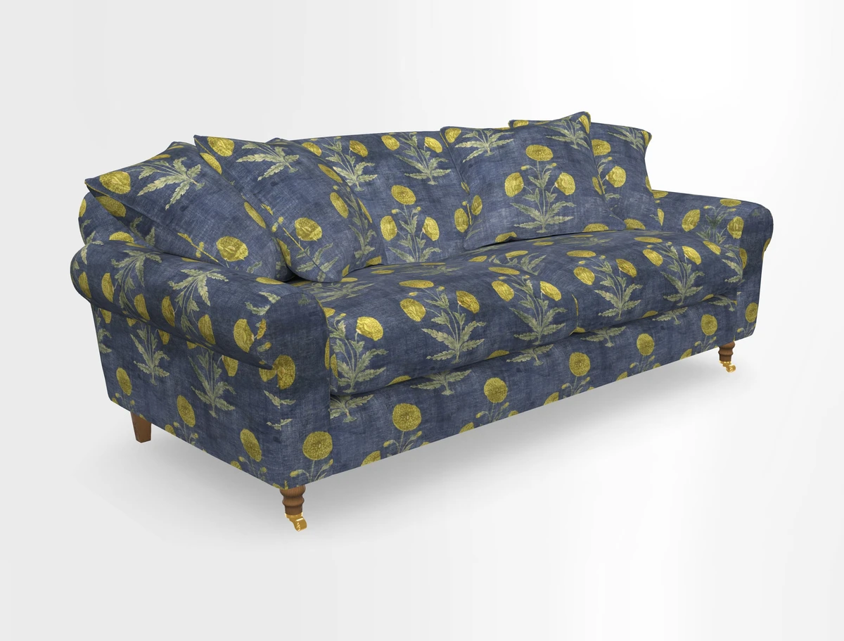 Walberswick 3 Seater Sofa in Etta's Bouquet Sunset Moss with scatters in Sussex Stripe Brick and Snape Chair in Almost Plain Velvet Spring