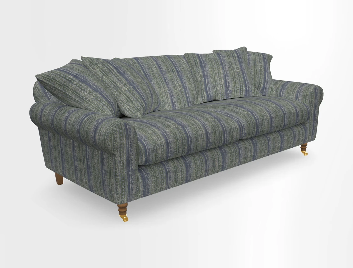 Walberswick 3 Seater Sofa in Etta's Bouquet Sunset Moss with scatters in Sussex Stripe Brick and Snape Chair in Almost Plain Velvet Spring