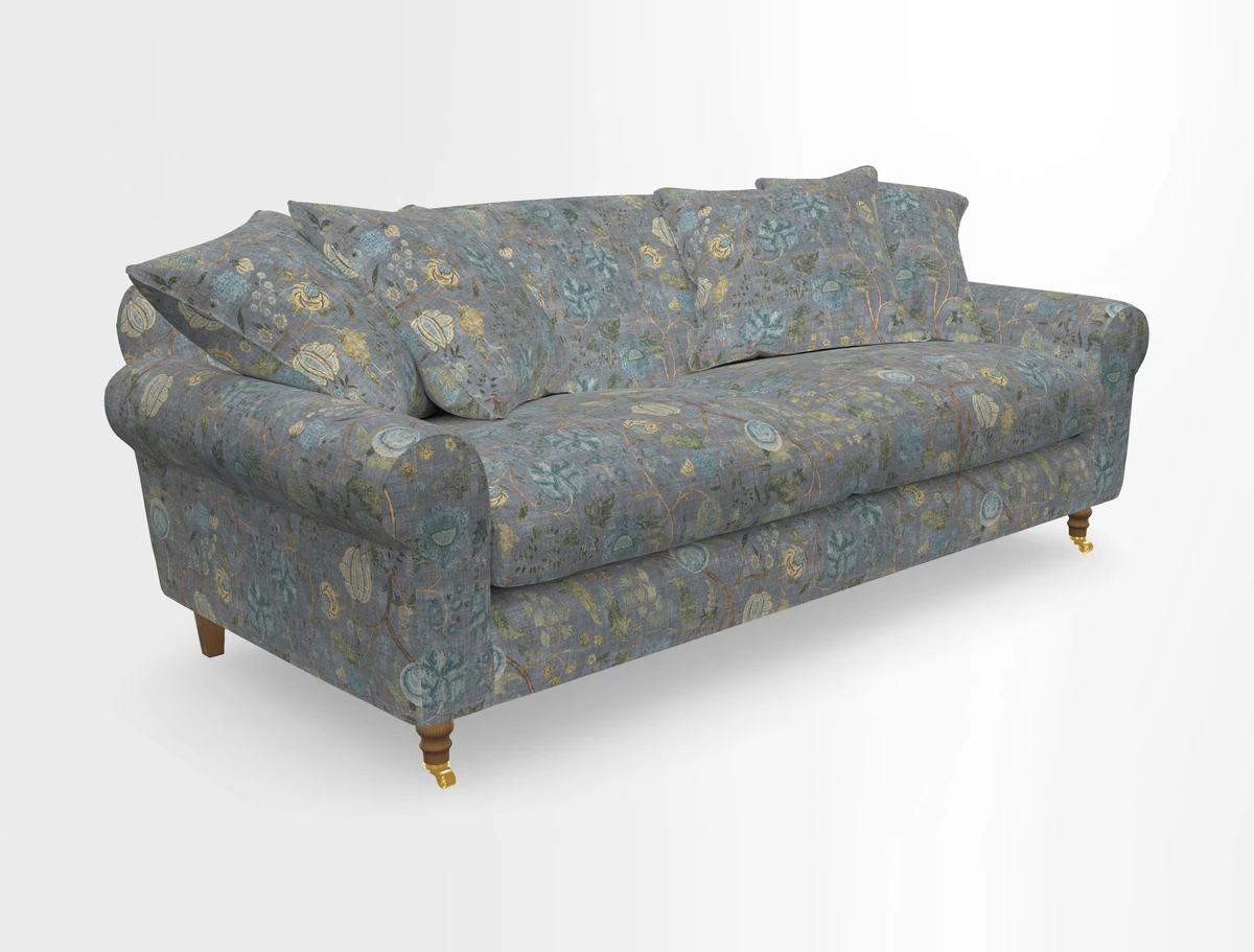 Walberswick 3 Seater Sofa in Etta's Bouquet Sunset Moss with scatters in Sussex Stripe Brick and Snape Chair in Almost Plain Velvet Spring