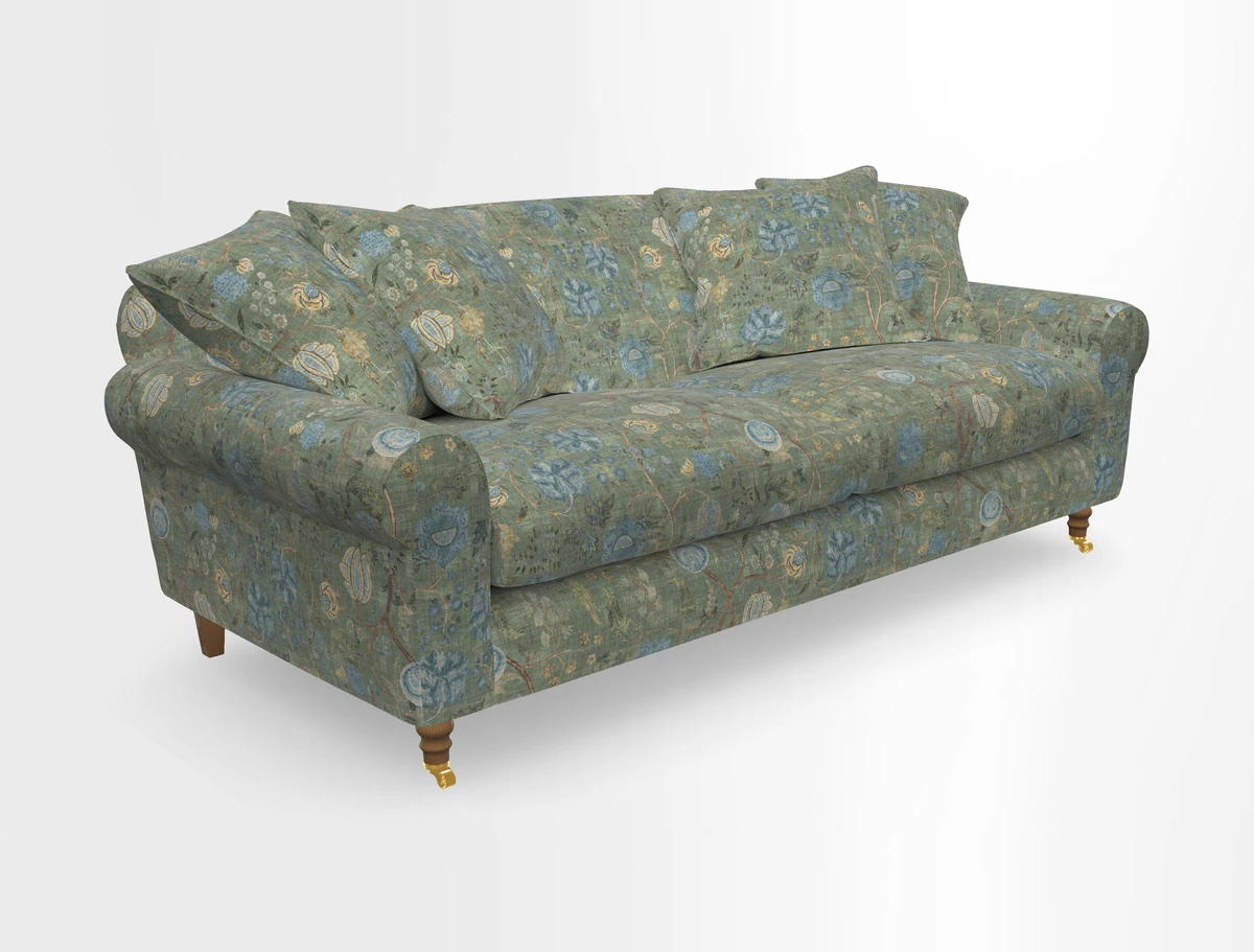 Walberswick 3 Seater Sofa in Etta's Bouquet Sunset Moss with scatters in Sussex Stripe Brick and Snape Chair in Almost Plain Velvet Spring