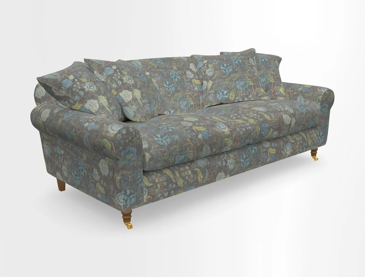 Walberswick 3 Seater Sofa in Etta's Bouquet Sunset Moss with scatters in Sussex Stripe Brick and Snape Chair in Almost Plain Velvet Spring