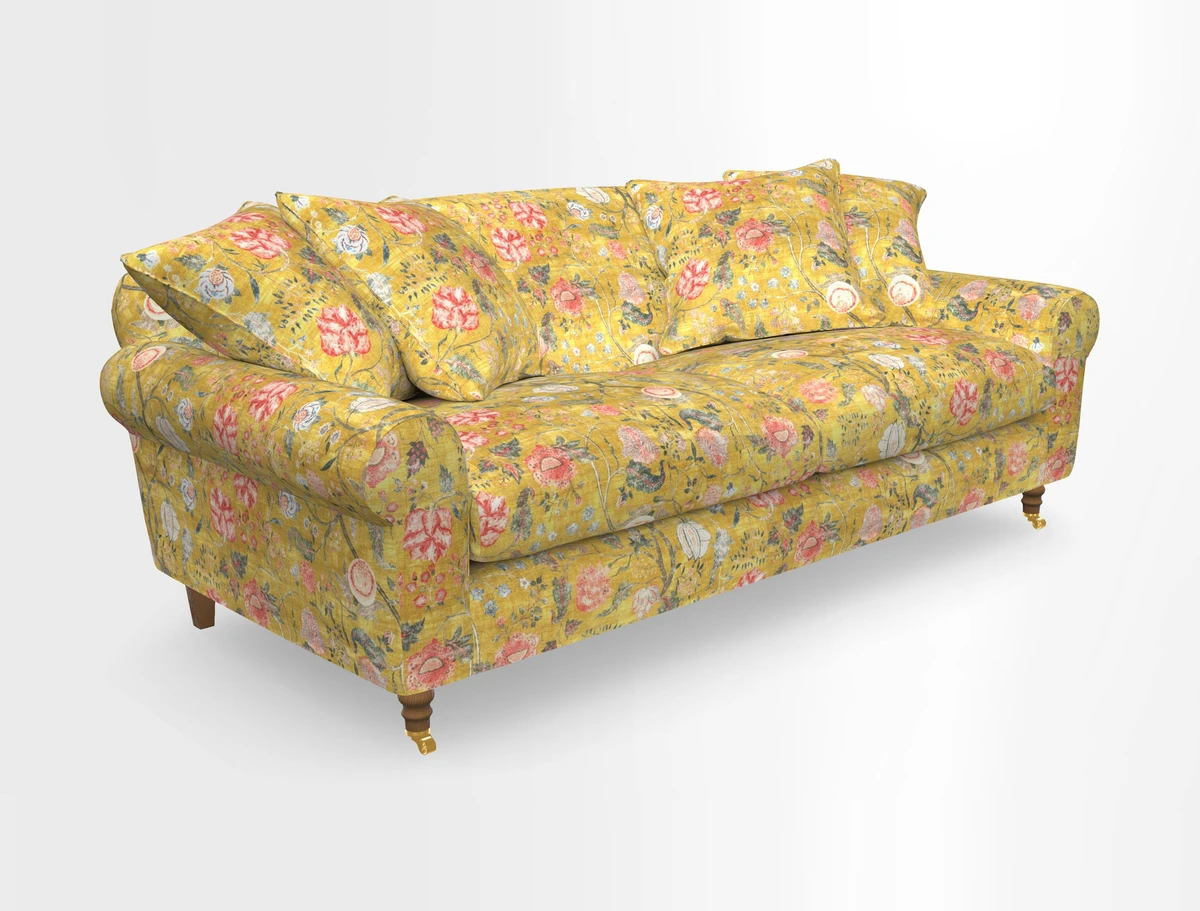 Walberswick 3 Seater Sofa in Etta's Bouquet Sunset Moss with scatters in Sussex Stripe Brick and Snape Chair in Almost Plain Velvet Spring