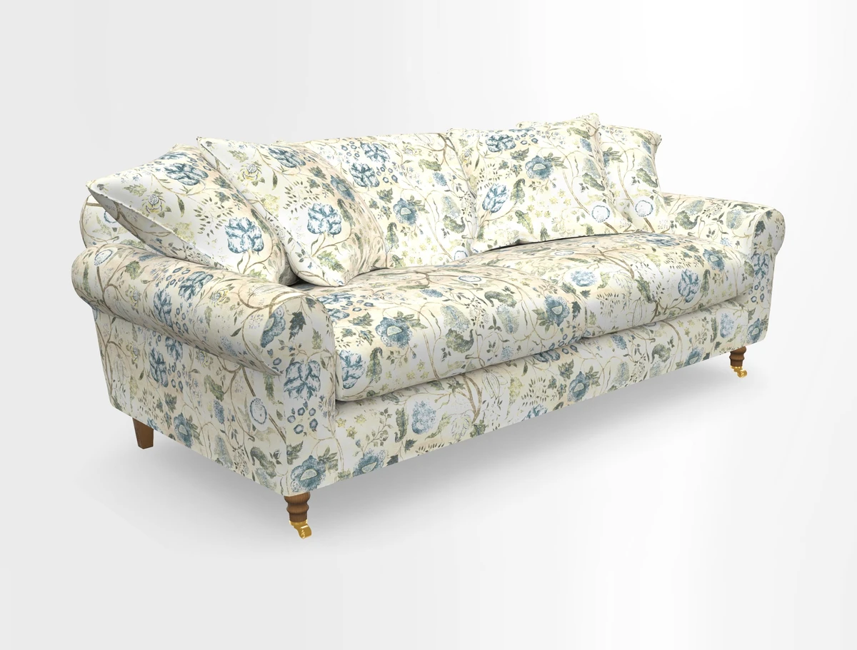 Walberswick 3 Seater Sofa in Etta's Bouquet Sunset Moss with scatters in Sussex Stripe Brick and Snape Chair in Almost Plain Velvet Spring